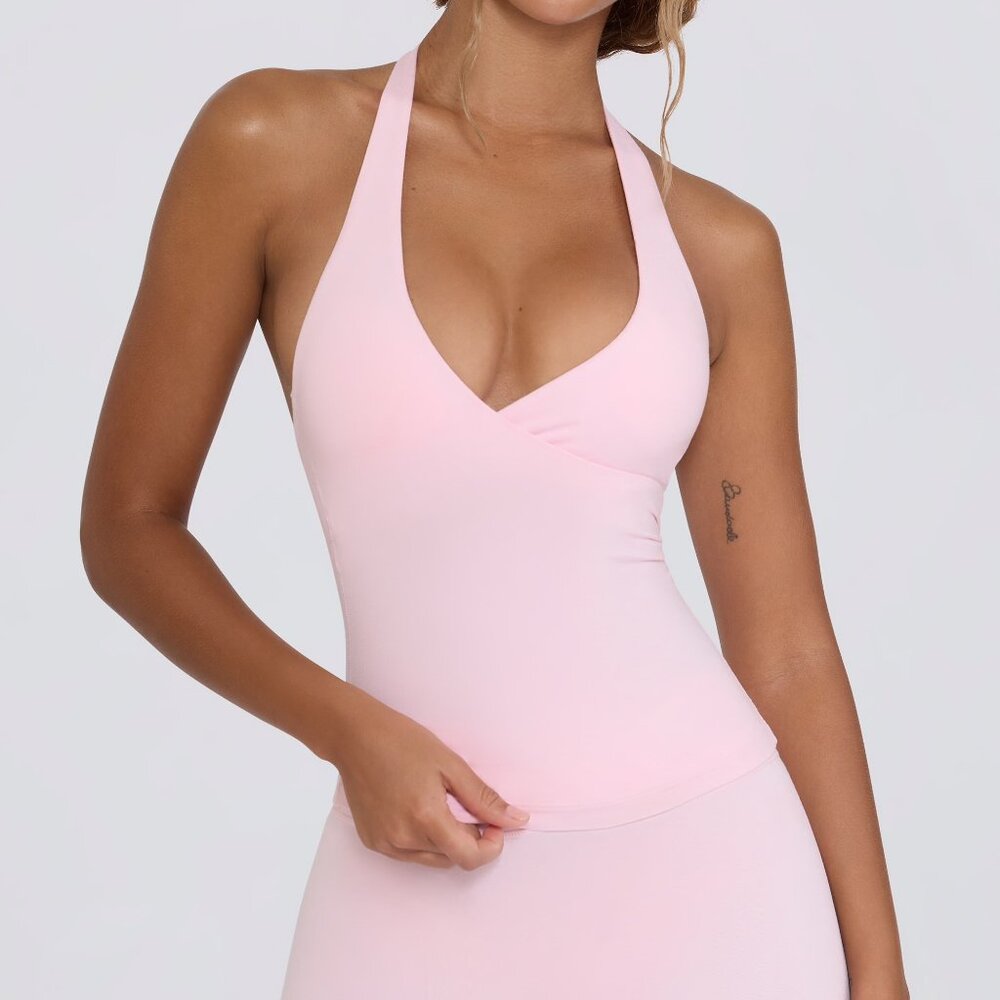 Bo + Tee Oh Polly Wrap Halterneck Fitness Workout Tank Top in Baby Pink Marl